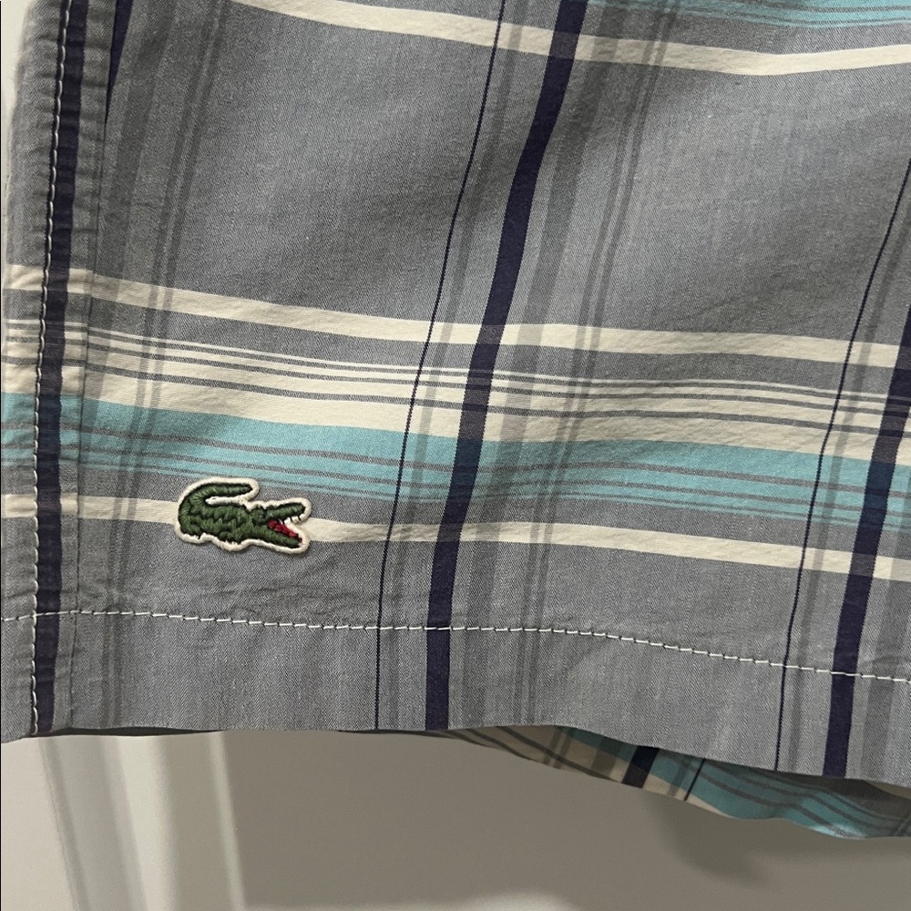 Lacoste Gray Navy and Light Blue Plaid Swim Shorts Size Small - Picture 2 of 8